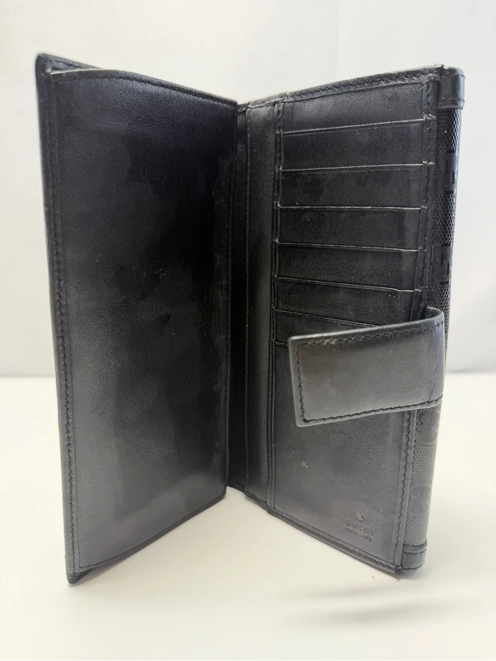 Gucci Black GG Monogram Continental Wallet with Gold Crest